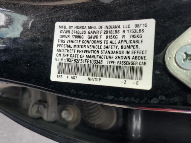 Продаж на аукціоні авто 2015 Honda Civic, vin: 19XFB2F51FE103348, номер лоту: 92853765
