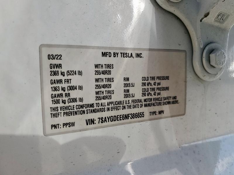 92614565 :رقم المزاد ، 7SAYGDEE6NF386655 vin ، 2022 Tesla Model Y مزاد بيع