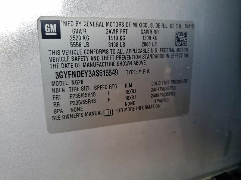 93779245 :رقم المزاد ، 3GYFNDEY3AS615549 vin ، 2010 Cadillac Srx مزاد بيع