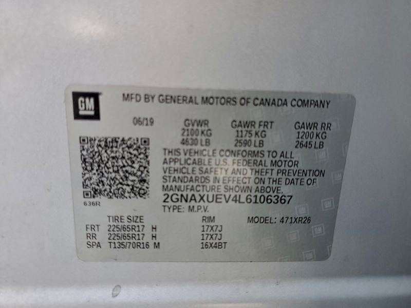 Продаж на аукціоні авто 2020 Chevrolet Equinox, vin: 2GNAXUEV4L6106367, номер лоту: 94504515