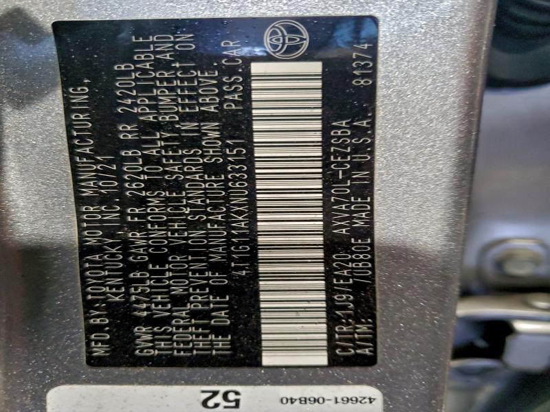 93521195 :رقم المزاد ، 4T1G11AKXNU633151 vin ، 2022 Toyota Camry مزاد بيع