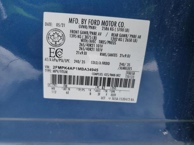 92542635 :رقم المزاد ، 2FMPK4AP1MBA34945 vin ، 2021 Ford Edge St مزاد بيع