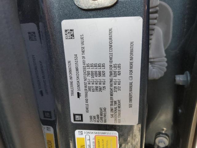 Продаж на аукціоні авто 2021 Chevrolet Tahoe, vin: 1GNSKSKD1MR151534, номер лоту: 90115015