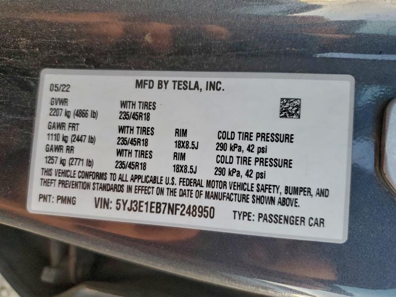 Продажа на аукционе авто 2022 Tesla Model 3, vin: 5YJ3E1EB7NF248950, номер лота: 94755975