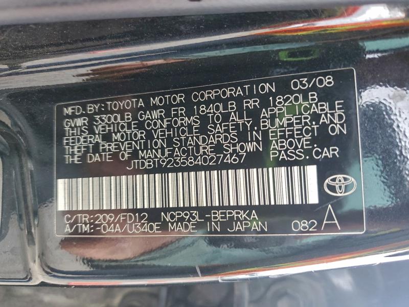 Продажа на аукционе авто 2008 Toyota Yaris, vin: JTDBT923584027467, номер лота: 94091505