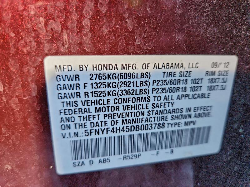 92626235 :رقم المزاد ، 5FNYF4H45DB003788 vin ، 2013 Honda Pilot Ex مزاد بيع