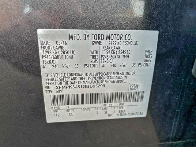 95042355 :رقم المزاد ، 2FMPK3J81GBB95299 vin ، 2016 Ford Edge Sel مزاد بيع