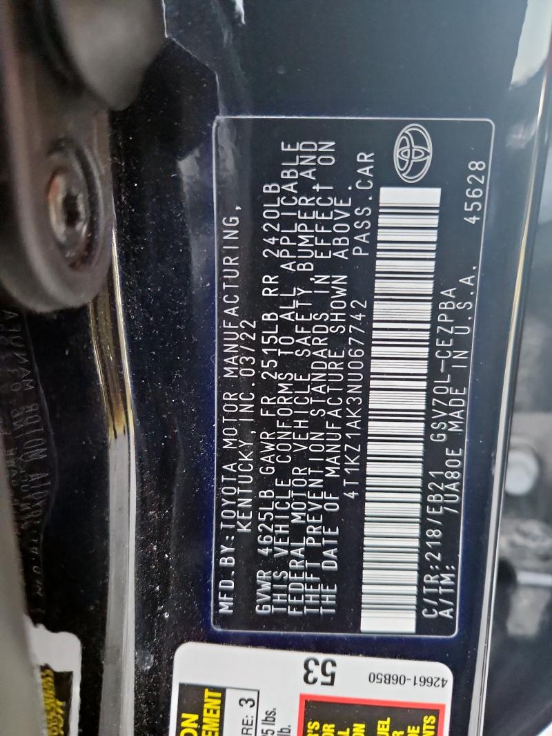 2022 Toyota Camry Trd მანქანა იყიდება აუქციონზე, vin: 4T1KZ1AK3NU067742, აუქციონის ნომერი: 91782275