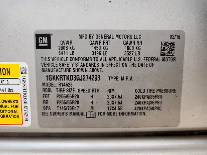 92748935 :رقم المزاد ، 1GKKRTKD3GJ274298 vin ، 2016 Gmc Acadia مزاد بيع