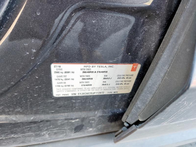 92378865 :رقم المزاد ، 5YJXCAE20JF112872 vin ، 2018 Tesla Model X مزاد بيع