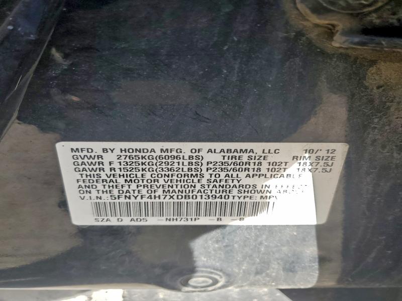 93189935 :رقم المزاد ، 5FNYF4H7XDB013940 vin ، 2013 Honda Pilot مزاد بيع