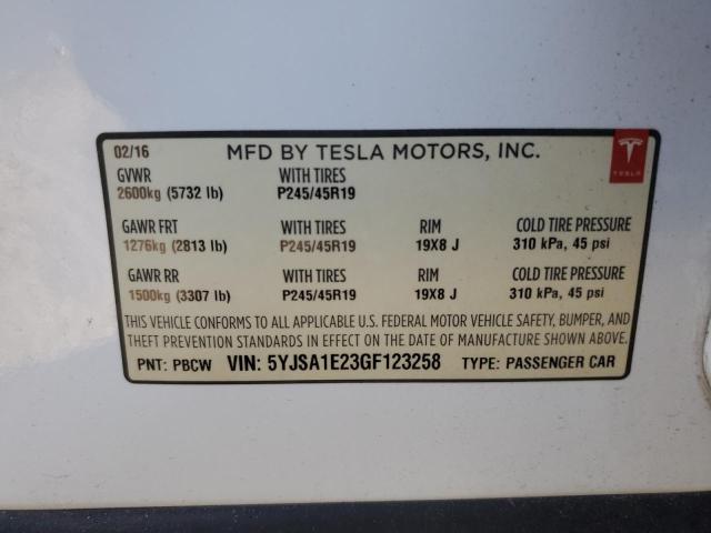 Продаж на аукціоні авто 2016 Tesla Model S, vin: 5YJSA1E23GF123258, номер лоту: 90844485