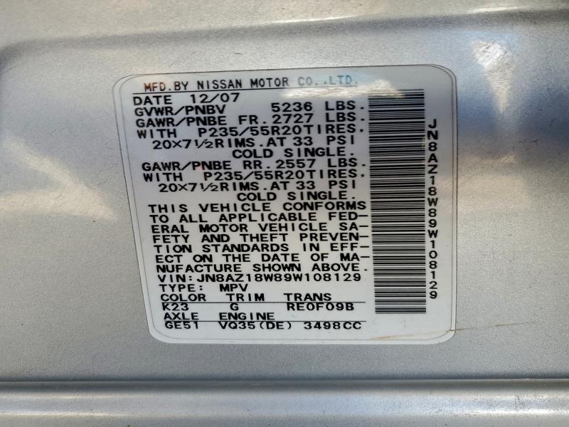 2009 Nissan Murano მანქანა იყიდება აუქციონზე, vin: JN8AZ18W89W108129, აუქციონის ნომერი: 94361975