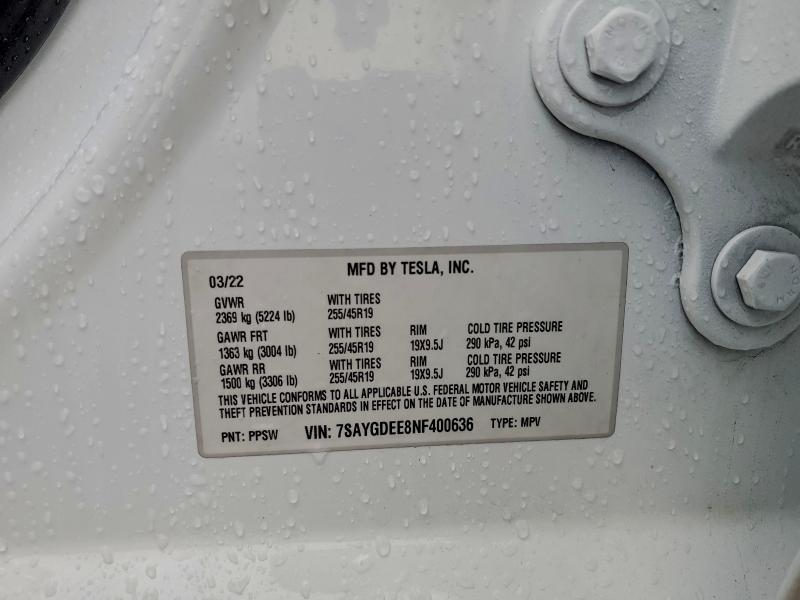 Продажа на аукционе авто 2022 Tesla Model Y, vin: 7SAYGDEE8NF400636, номер лота: 94440925