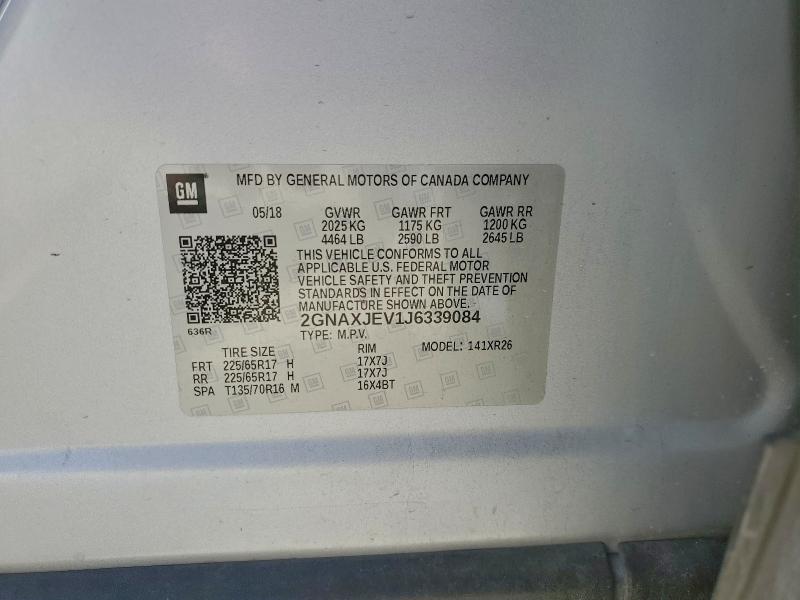 Продажа на аукционе авто 2018 Chevrolet Equinox Lt, vin: 2GNAXJEV1J6339084, номер лота: 92452125