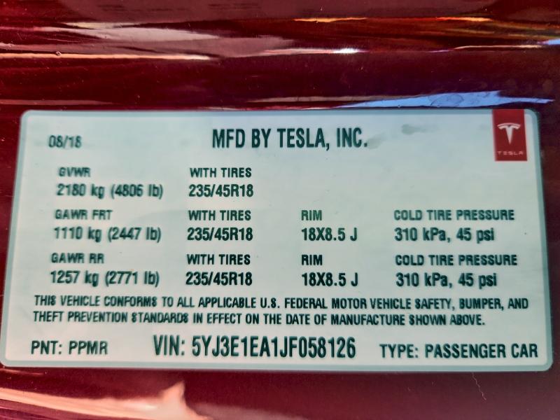 Продаж на аукціоні авто 2018 Tesla Model 3, vin: 5YJ3E1EA1JF058126, номер лоту: 94354595