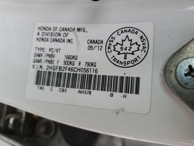 92615635 :رقم المزاد ، 2HGFB2F46CH056116 vin ، 2012 Honda Civic مزاد بيع