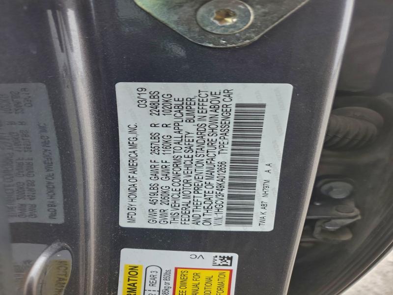 94124955 :رقم المزاد ، 1HGCV3F49KA012656 vin ، 2019 Honda Accord مزاد بيع