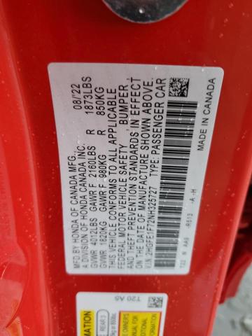 78589783 :رقم المزاد ، 2HGFE1F72NH325727 vin ، 2022 Honda Civic Ex مزاد بيع