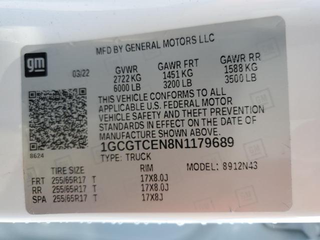 80168143 :رقم المزاد ، 1GCGTCEN8N1179689 vin ، 2022 Chevrolet Colorado Lt مزاد بيع
