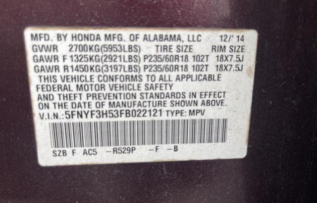Продажа на аукционе авто 2015 Honda Pilot Exl, vin: 5FNYF3H53FB022121, номер лота: 81142353