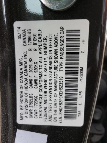 81251883 :رقم المزاد ، 2HGFB2F9XEH523519 vin ، 2014 Honda Civic Exl مزاد بيع