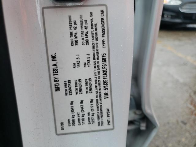 2020 Tesla Model 3 მანქანა იყიდება აუქციონზე, vin: 5YJ3E1EA3LF616075, აუქციონის ნომერი: 75584433