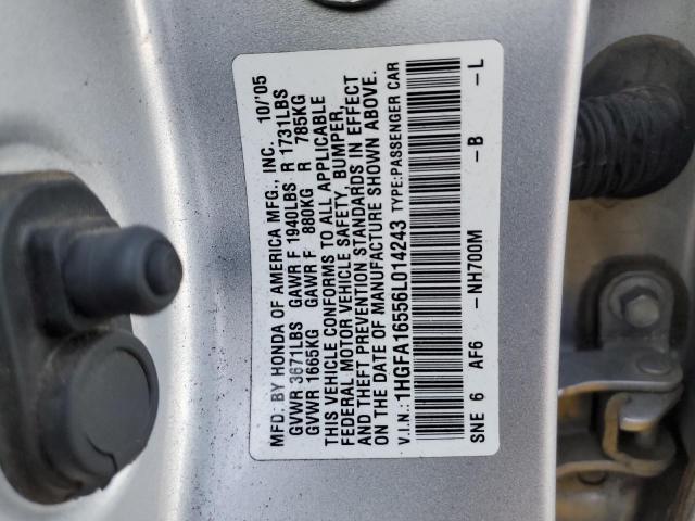 2006 Honda Civic Lx მანქანა იყიდება აუქციონზე, vin: 1HGFA16556L014243, აუქციონის ნომერი: 81232443