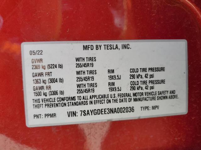 81783393 :رقم المزاد ، 7SAYGDEE3NA002036 vin ، 2022 Tesla Model Y مزاد بيع