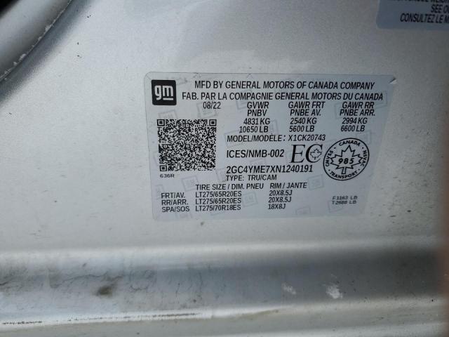 2022 Chevrolet Silverado მანქანა იყიდება აუქციონზე, vin: 2GC4YME7XN1240191, აუქციონის ნომერი: 79452234