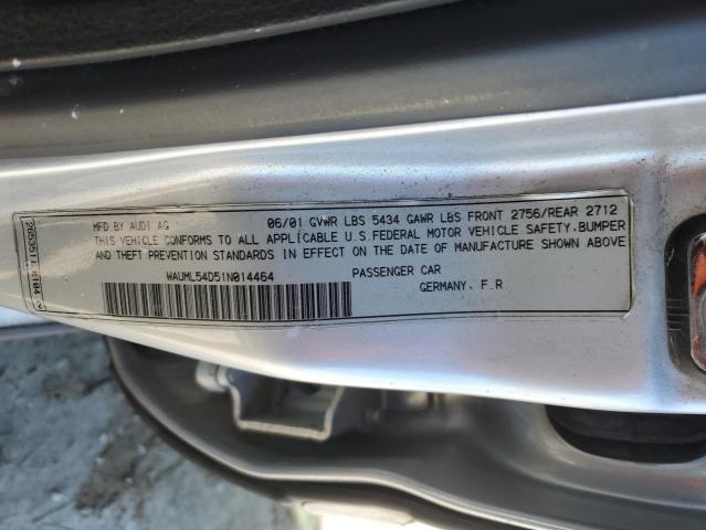Aukcja sprzedaży 2001 Audi A8, vin: WAUML54D51N014464, numer aukcji: 82930134