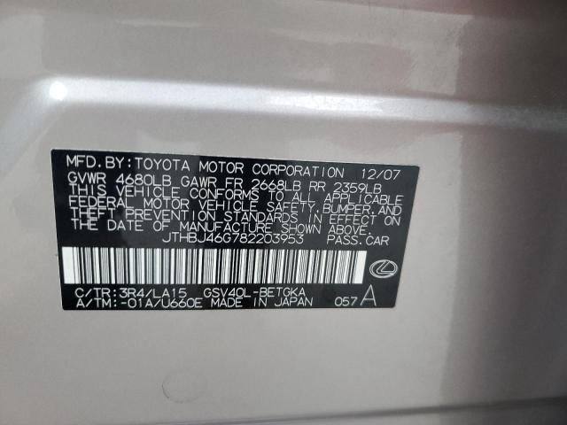 79680554 :رقم المزاد ، JTHBJ46G782203953 vin ، 2008 Lexus Es 350 مزاد بيع