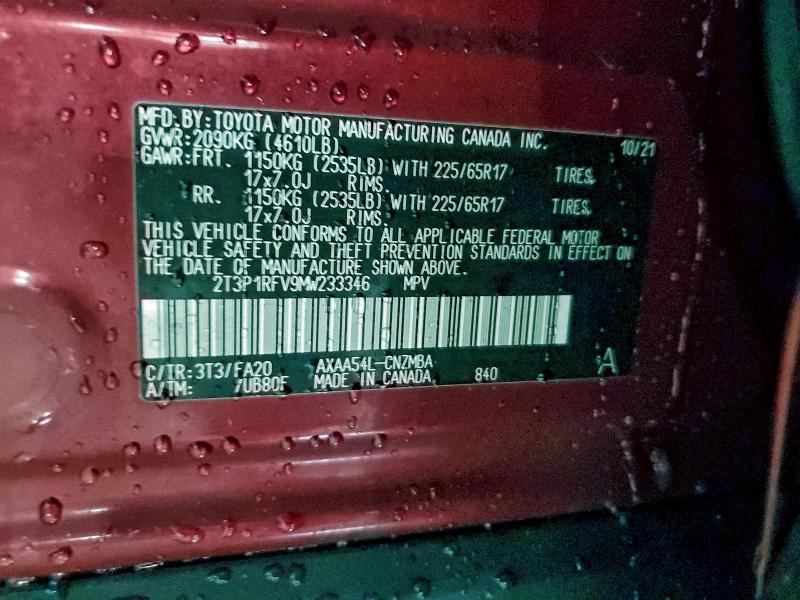 Aukcja sprzedaży 2021 Toyota Rav4, vin: 2T3P1RFV9MW233346, numer aukcji: 96587185