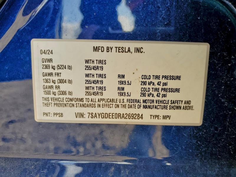 97781435 :رقم المزاد ، 7SAYGDEE0RA269284 vin ، 2024 Tesla Model Y مزاد بيع