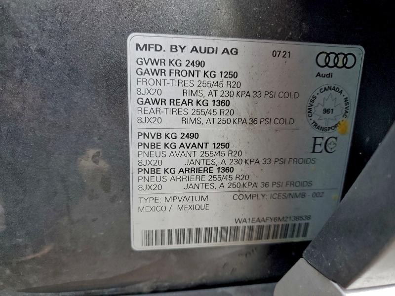 Aukcja sprzedaży 2021 Audi Q5, vin: WA1EAAFY6M2138538, numer aukcji: 97208735