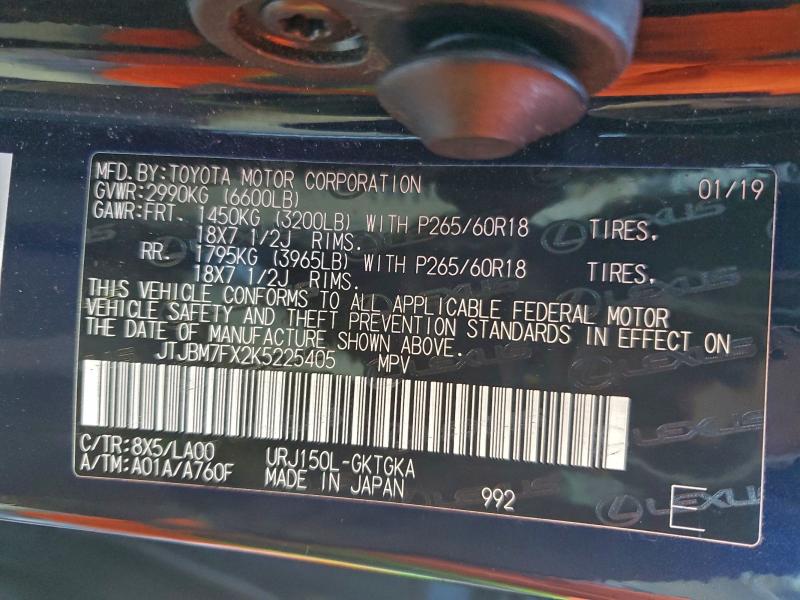 Продаж на аукціоні авто 2019 Lexus Gx, vin: JTJBM7FX2K5225405, номер лоту: 96412105