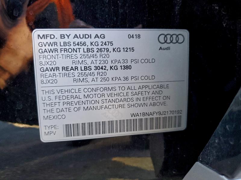 Aukcja sprzedaży 2018 Audi Q5, vin: WA1BNAFY9J2170192, numer aukcji: 95171055