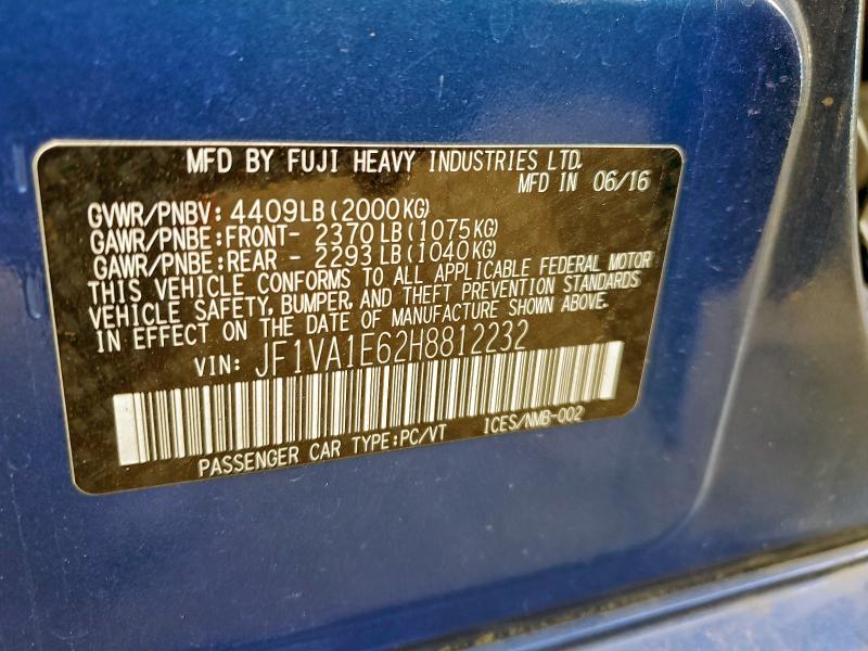 2017 Subaru Wrx მანქანა იყიდება აუქციონზე, vin: JF1VA1E62H8812232, აუქციონის ნომერი: 96010885
