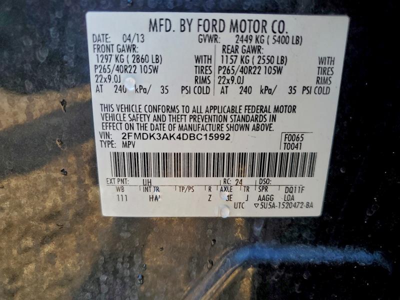 95113395 :رقم المزاد ، 2FMDK3AK4DBC15992 vin ، 2013 Ford Edge مزاد بيع