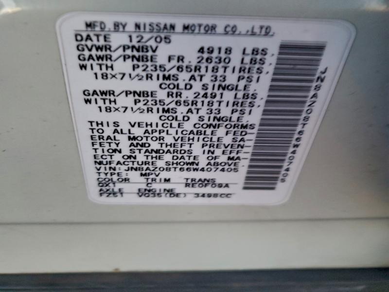 Продажа на аукционе авто 2006 Nissan Murano Sl, vin: JN8AZ08T66W407405, номер лота: 92328285