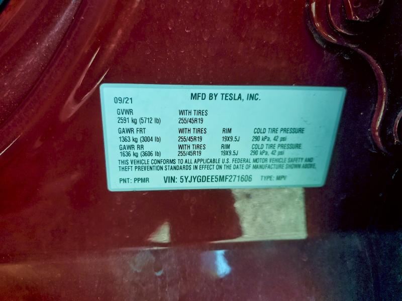 2021 Tesla Model Y მანქანა იყიდება აუქციონზე, vin: 5YJYGDEE5MF271606, აუქციონის ნომერი: 97310515