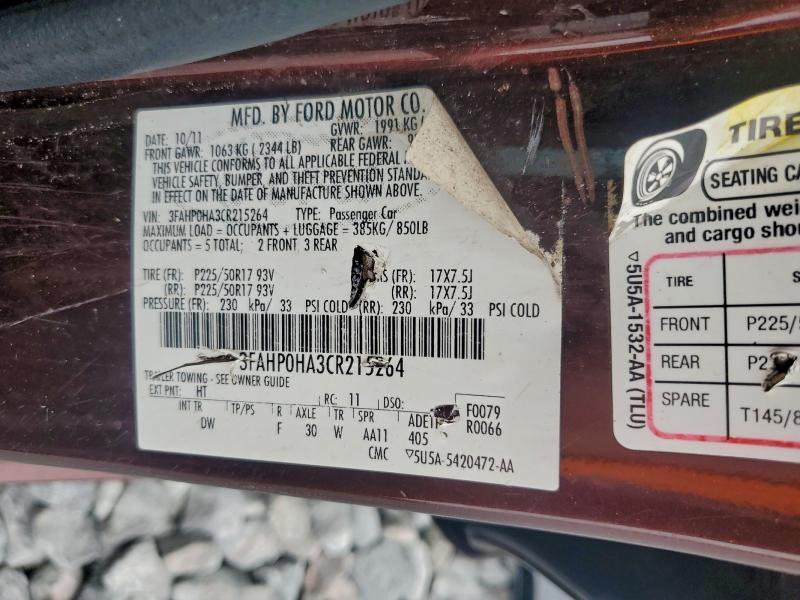 Продаж на аукціоні авто 2012 Ford Fusion, vin: 3FAHP0HA3CR215264, номер лоту: 97265985