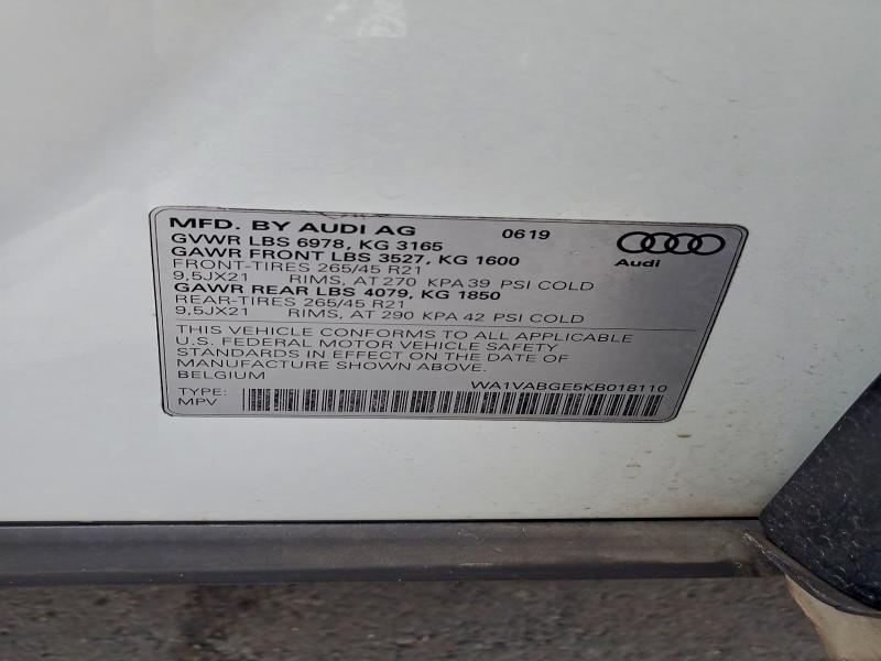 Aukcja sprzedaży 2019 Audi E-tron, vin: WA1VABGE5KB018110, numer aukcji: 95395255