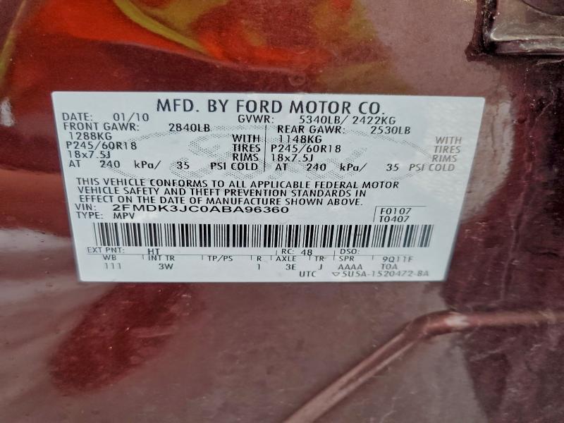Продаж на аукціоні авто 2010 Ford Edge, vin: 2FMDK3JC0ABA96360, номер лоту: 96578845