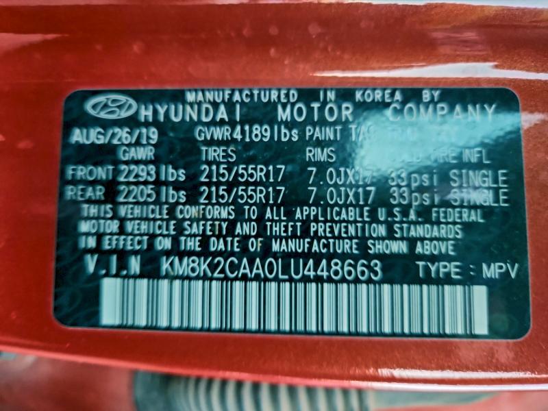 2020 Hyundai Kona მანქანა იყიდება აუქციონზე, vin: KM8K2CAA0LU448663, აუქციონის ნომერი: 97368785