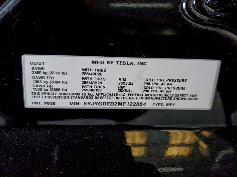 Продаж на аукціоні авто 2021 Tesla Model Y, vin: 5YJYGDED2MF122884, номер лоту: 94509555