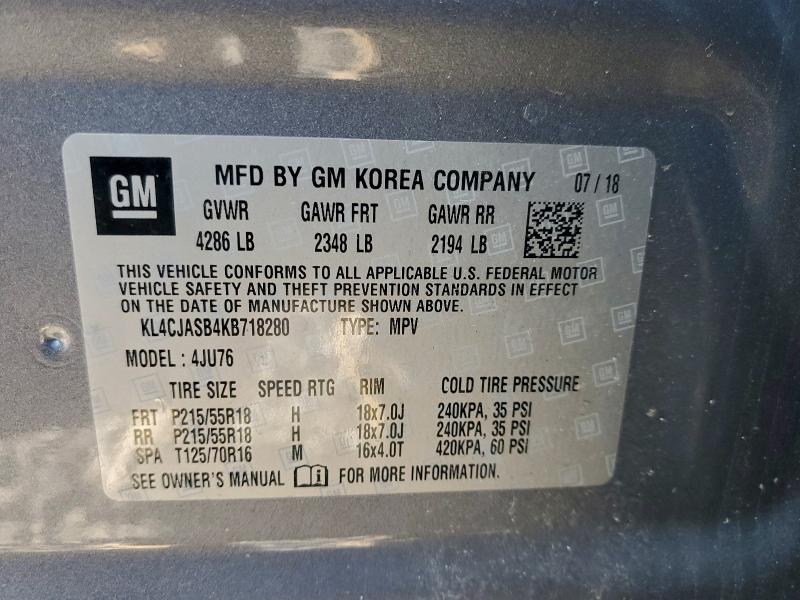 2019 Buick Encore მანქანა იყიდება აუქციონზე, vin: KL4CJASB4KB718280, აუქციონის ნომერი: 96302445