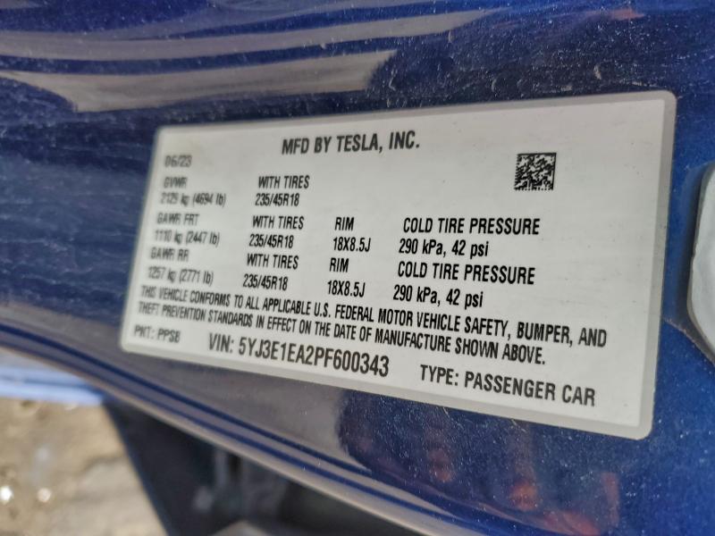 Aukcja sprzedaży 2023 Tesla Model 3, vin: 5YJ3E1EA2PF600343, numer aukcji: 97824055