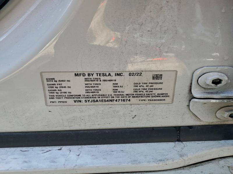 2022 Tesla Model S მანქანა იყიდება აუქციონზე, vin: 5YJSA1E54NF471674, აუქციონის ნომერი: 95750615