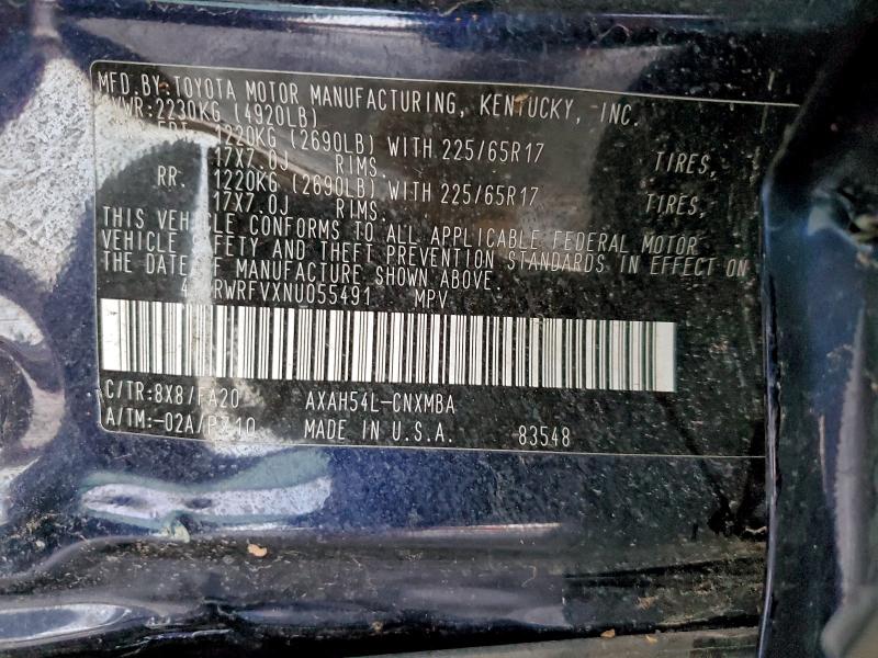 94748965 :رقم المزاد ، 4T3RWRFVXNU055491 vin ، 2022 Toyota Rav4 مزاد بيع